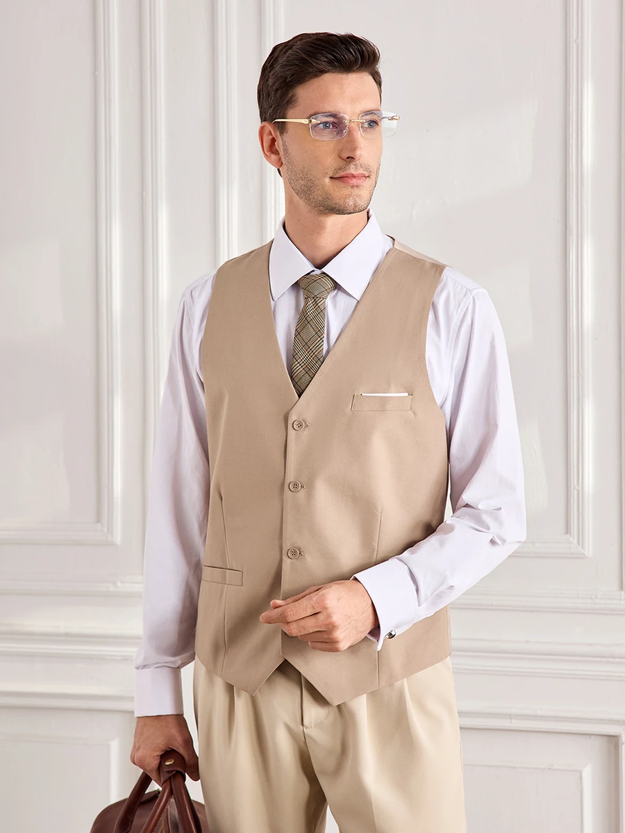 Officeau Men's Solid Color Formal Suit Vest, Large Pocket Design, Business Wedding Party, Can Be Paired With Men's Suit - Champagne - View 1