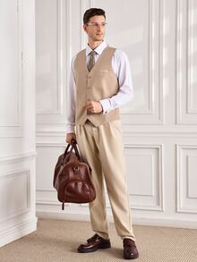 Officeau Men's Solid Color Formal Suit Vest, Large Pocket Design, Business Wedding Party, Can Be Paired With Men's Suit - Champagne - View 3