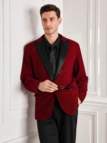 Officeau Men's Velvet Suit Jacket, Formal Wear For Banquet, Stage Performance, Evening Gown - Burgundy - View 1