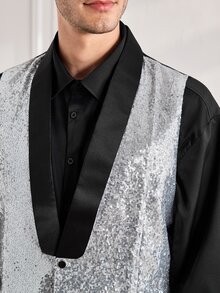 Officeau Men's Glamorous Silver Sequin Tuxedo Waistcoat, For Disco/Stage/Performance - Silver - View 7