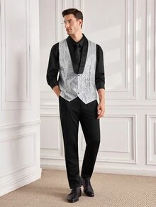 Officeau Men's Glamorous Silver Sequin Tuxedo Waistcoat, For Disco/Stage/Performance - Silver - View 3