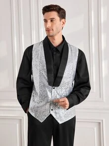 Officeau Men's Glamorous Silver Sequin Tuxedo Waistcoat, For Disco/Stage/Performance - Silver - View 6