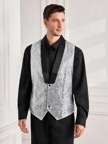 Officeau Men's Glamorous Silver Sequin Tuxedo Waistcoat, For Disco/Stage/Performance - Silver - View 5