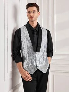 Officeau Men's Glamorous Silver Sequin Tuxedo Waistcoat, For Disco/Stage/Performance - Silver - View 1