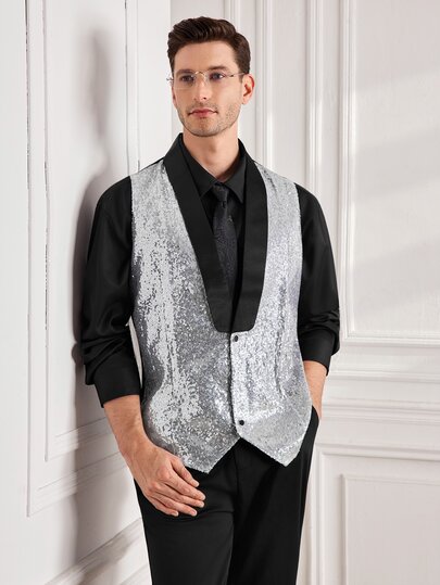 Officeau Men's Glamorous Sequin Disco Vest, Nightclub Stage Performance