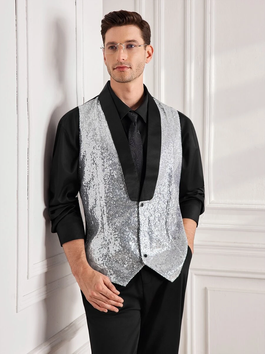 Officeau Men's Glamorous Silver Sequin Tuxedo Waistcoat, For Disco/Stage/Performance - Silver - View 1