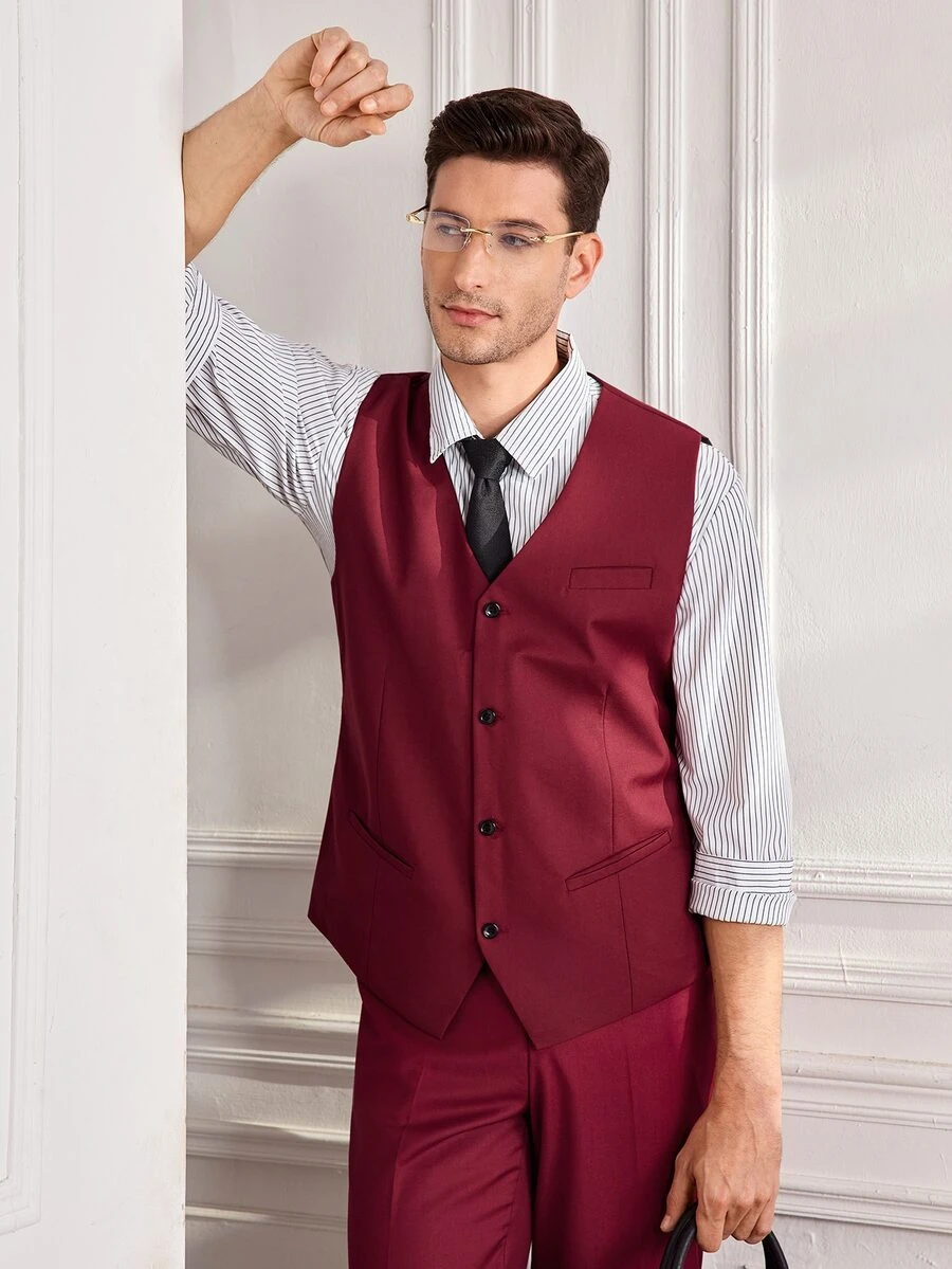 Officeau Men's Burgundy Waistcoat, For Formal Business/Wedding, Gift For Father/Husband - Burgundy - View 1