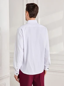 Officeau 1pc Men's French Cuff Dress Shirt, Essential For Formal Occasions, Weddings, Business Events (Random Cufflinks Included), Please Check Size For Loose Fit - White - View 2