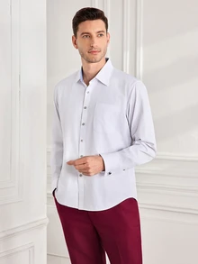 Officeau 1pc Men's French Cuff Dress Shirt, Essential For Formal Occasions, Weddings, Business Events (Random Cufflinks Included), Please Check Size For Loose Fit - White - View 1
