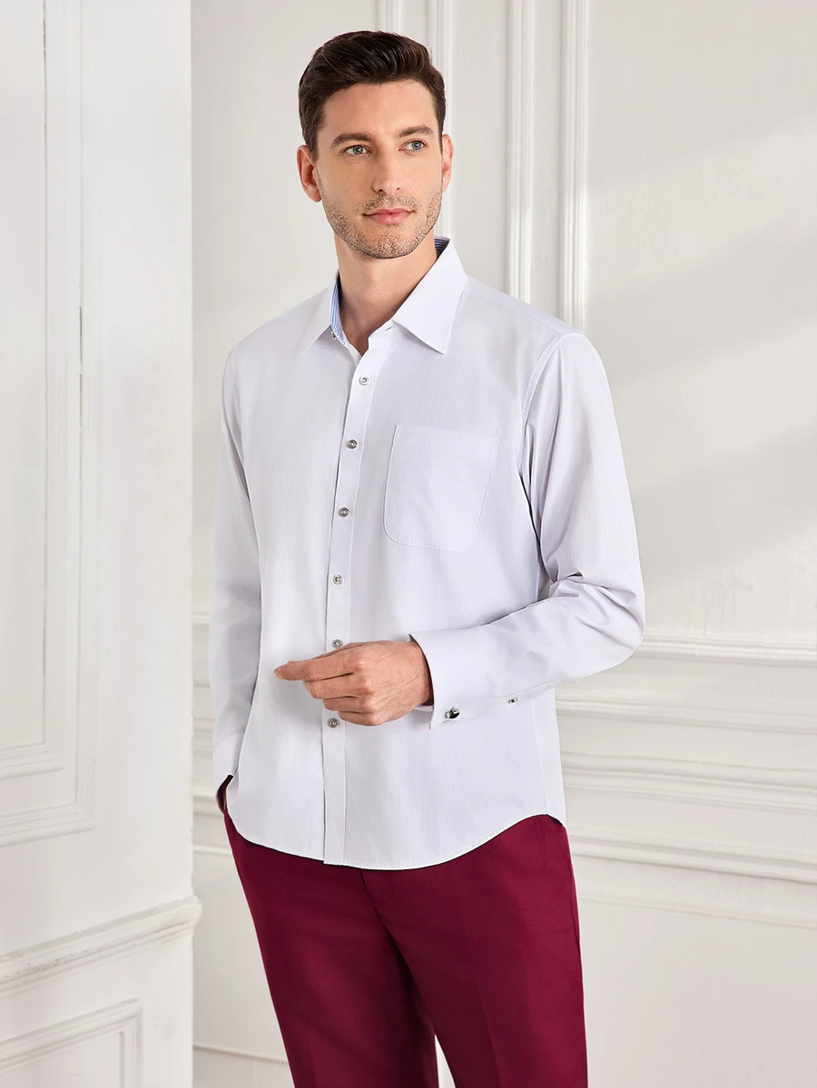 Officeau 1pc Men's French Cuff Dress Shirt, Essential For Formal Occasions, Weddings, Business Events (Random Cufflinks Included), Please Check Size For Loose Fit - White - View 1