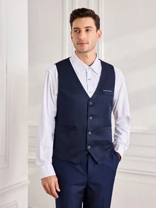 Officeau 1pc Men's Solid Color Vest, Button V-Neck Suit Vest, Suitable For Casual, Business, Workplace And Other Occasions (Vest Only) - Navy Blue - View 2