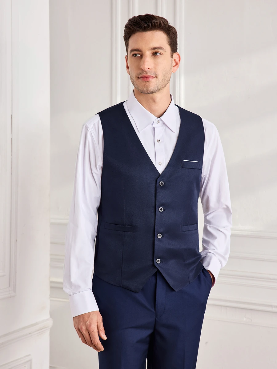 Officeau 1pc Men's Solid Color Vest, Button V-Neck Suit Vest, Suitable For Casual, Business, Workplace And Other Occasions (Vest Only)