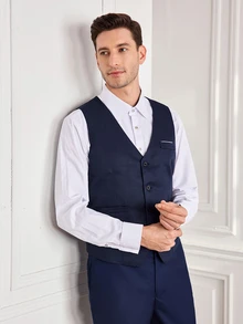 Officeau 1pc Men's Solid Color Vest, Button V-Neck Suit Vest, Suitable For Casual, Business, Workplace And Other Occasions (Vest Only) - Navy Blue - View 6