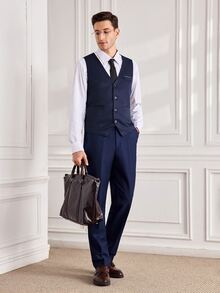 Officeau 1pc Men's Solid Color Vest, Button V-Neck Suit Vest, Suitable For Casual, Business, Workplace And Other Occasions (Vest Only) - Navy Blue - View 4