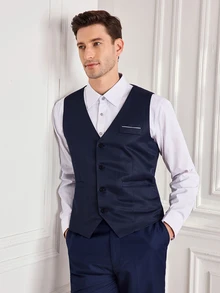 Officeau 1pc Men's Solid Color Vest, Button V-Neck Suit Vest, Suitable For Casual, Business, Workplace And Other Occasions (Vest Only) - Navy Blue - View 5