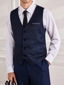 Officeau 1pc Men's Solid Color Vest, Button V-Neck Suit Vest, Suitable For Casual, Business, Workplace And Other Occasions (Vest Only) - Navy Blue - View 8