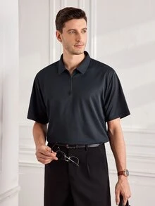 Officeau Casual Minimalist Solid Color Waffle Knit Polo T-Shirt For Men, Daily Commute - Navy Blue - View 6