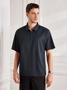 Officeau Casual Minimalist Solid Color Waffle Knit Polo T-Shirt For Men, Daily Commute - Navy Blue - View 1