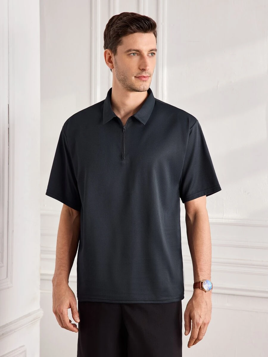 Officeau Casual Minimalist Solid Color Waffle Knit Polo T-Shirt For Men, Daily Commute - Navy Blue - View 1