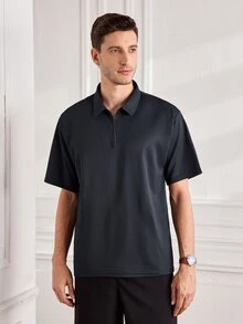 Officeau Casual Minimalist Solid Color Waffle Knit Polo T-Shirt For Men, Daily Commute - Navy Blue - View 5