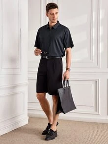 Officeau Casual Minimalist Solid Color Waffle Knit Polo T-Shirt For Men, Daily Commute - Navy Blue - View 3