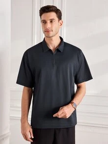 Officeau Casual Minimalist Solid Color Waffle Knit Polo T-Shirt For Men, Daily Commute - Navy Blue - View 4