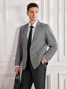 Officeau Men's Houndstooth Pattern Suit Jacket, Vintage Casual Suit Jacket, Business Slim Fit Suit Jacket - Grey - View 1