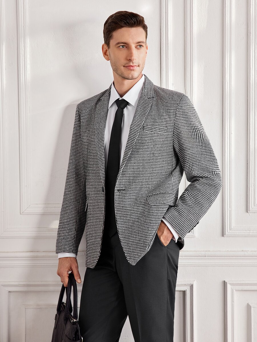 Officeau Men's Houndstooth Pattern Suit Jacket, Vintage Casual Suit Jacket, Business Slim Fit Suit Jacket - Grey - View 1