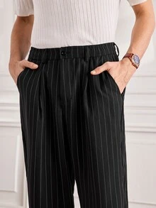 Officeau Men's Casual Business Style Wide Leg Trousers Fashionable Striped Long Pants - Black - View 7