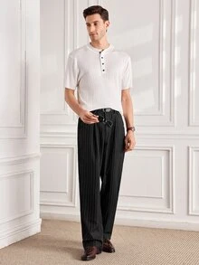 Officeau Men's Casual Business Style Wide Leg Trousers Fashionable Striped Long Pants - Black - View 3