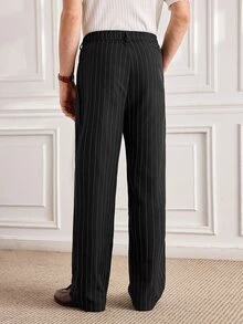 Officeau Men's Casual Business Style Wide Leg Trousers Fashionable Striped Long Pants - Black - View 2