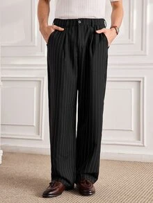 Officeau Men's Casual Business Style Wide Leg Trousers Fashionable Striped Long Pants - Black - View 6