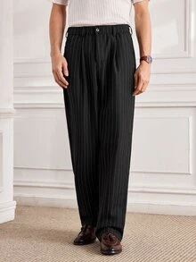 Officeau Men's Casual Business Style Wide Leg Trousers Fashionable Striped Long Pants - Black - View 5