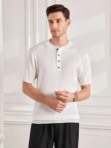 Officeau Men's Summer Fashion Classic Henley Collar Ribbed Short Sleeve T-Shirt, Essential Knitted Short Sleeve Top For Summer Wardrobe - White - View 6