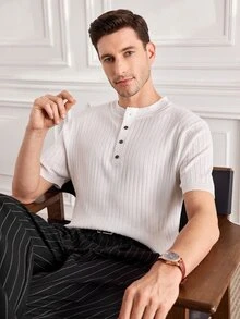 Officeau Men's Summer Fashion Classic Henley Collar Ribbed Short Sleeve T-Shirt, Essential Knitted Short Sleeve Top For Summer Wardrobe - White - View 5