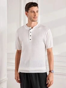 Officeau Men's Summer Fashion Classic Henley Collar Ribbed Short Sleeve T-Shirt, Essential Knitted Short Sleeve Top For Summer Wardrobe - White - View 2