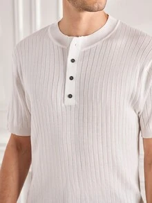 Officeau Men's Summer Fashion Classic Henley Collar Ribbed Short Sleeve T-Shirt, Essential Knitted Short Sleeve Top For Summer Wardrobe - White - View 8