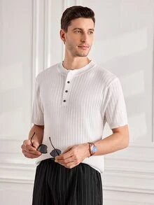 Officeau Men's Summer Fashion Classic Henley Collar Ribbed Short Sleeve T-Shirt, Essential Knitted Short Sleeve Top For Summer Wardrobe - White - View 7