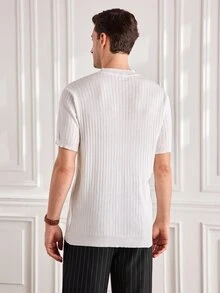 Officeau Men's Summer Fashion Classic Henley Collar Ribbed Short Sleeve T-Shirt, Essential Knitted Short Sleeve Top For Summer Wardrobe - White - View 3