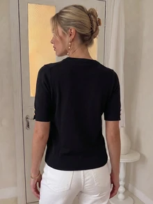 Women's Crew Neck Snap Button Sleeve Knit Top Casual Half Sleeve Sweater Blouse - Black - View 2