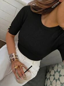 Women's Crew Neck Snap Button Sleeve Knit Top Casual Half Sleeve Sweater Blouse - Black - View 4
