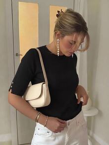 Women's Crew Neck Snap Button Sleeve Knit Top Casual Half Sleeve Sweater Blouse - Black - View 5
