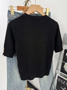 Women's Crew Neck Snap Button Sleeve Knit Top Casual Half Sleeve Sweater Blouse - Black - View 3