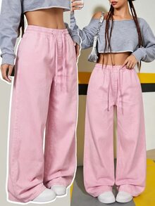 Jeans rectos casuales y versátiles de uso diario con cintura con cordón para adolescentes - Rosa - Ver 5