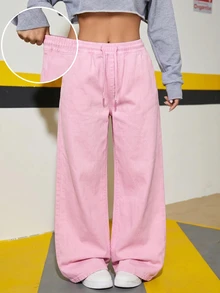 Jeans rectos casuales y versátiles de uso diario con cintura con cordón para adolescentes - Rosa - Ver 4
