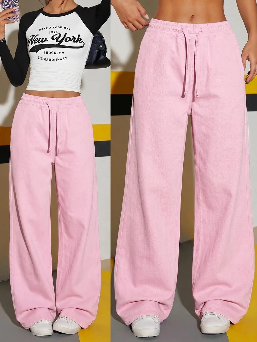 Jeans rectos casuales y versátiles de uso diario con cintura con cordón para adolescentes - Rosa - Ver 1