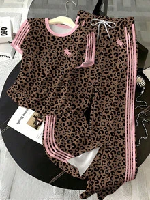 SHEIN EZwear 2pcs Set Embroidered Round Neck Short Sleeve Top And Striped Print Pants, Casual - Multicolor - View 8