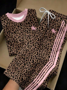 SHEIN EZwear 2pcs Set Embroidered Round Neck Short Sleeve Top And Striped Print Pants, Casual - Multicolor - View 4
