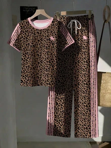 SHEIN EZwear 2pcs Set Embroidered Round Neck Short Sleeve Top And Striped Print Pants, Casual - Multicolor - View 6