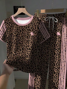 SHEIN EZwear 2pcs Set Embroidered Round Neck Short Sleeve Top And Striped Print Pants, Casual - Multicolor - View 3
